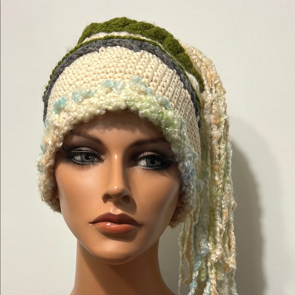 Handcrafted Cream and Green Knit Hat